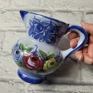 Vestal Alcobaca Signed & Numbered Small Blue Floral Pitcher made in Portugal 5"